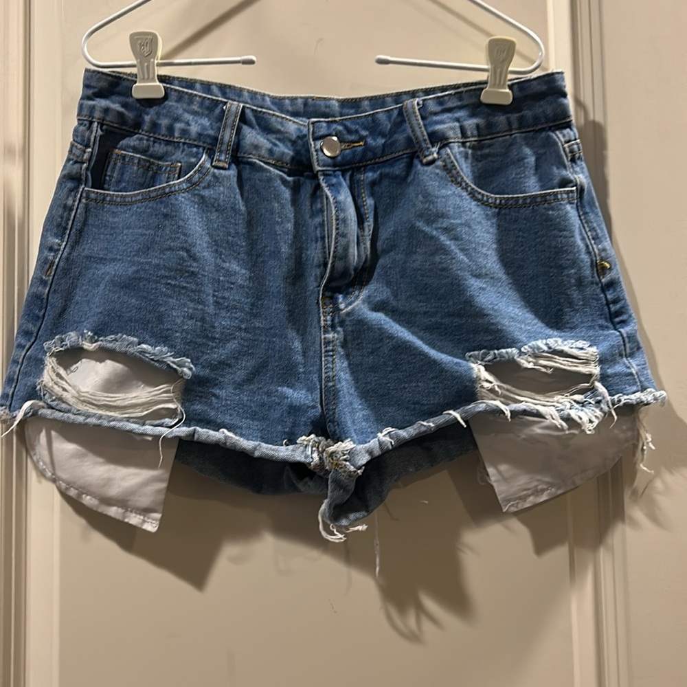 SHEIN Distressed Denim short jeans Shorts fray rolled hem exposed pockets size L